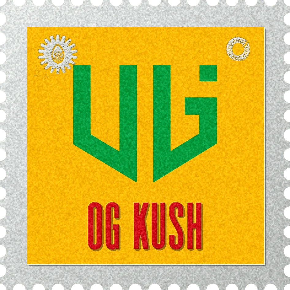 OG Kush stamp, No. 16 in the Official Cannabis collection: green OG letters on yellow